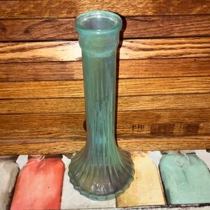 Oil Spill Iridescent Glass Vase Vintage Teal Green Shiny 9”
